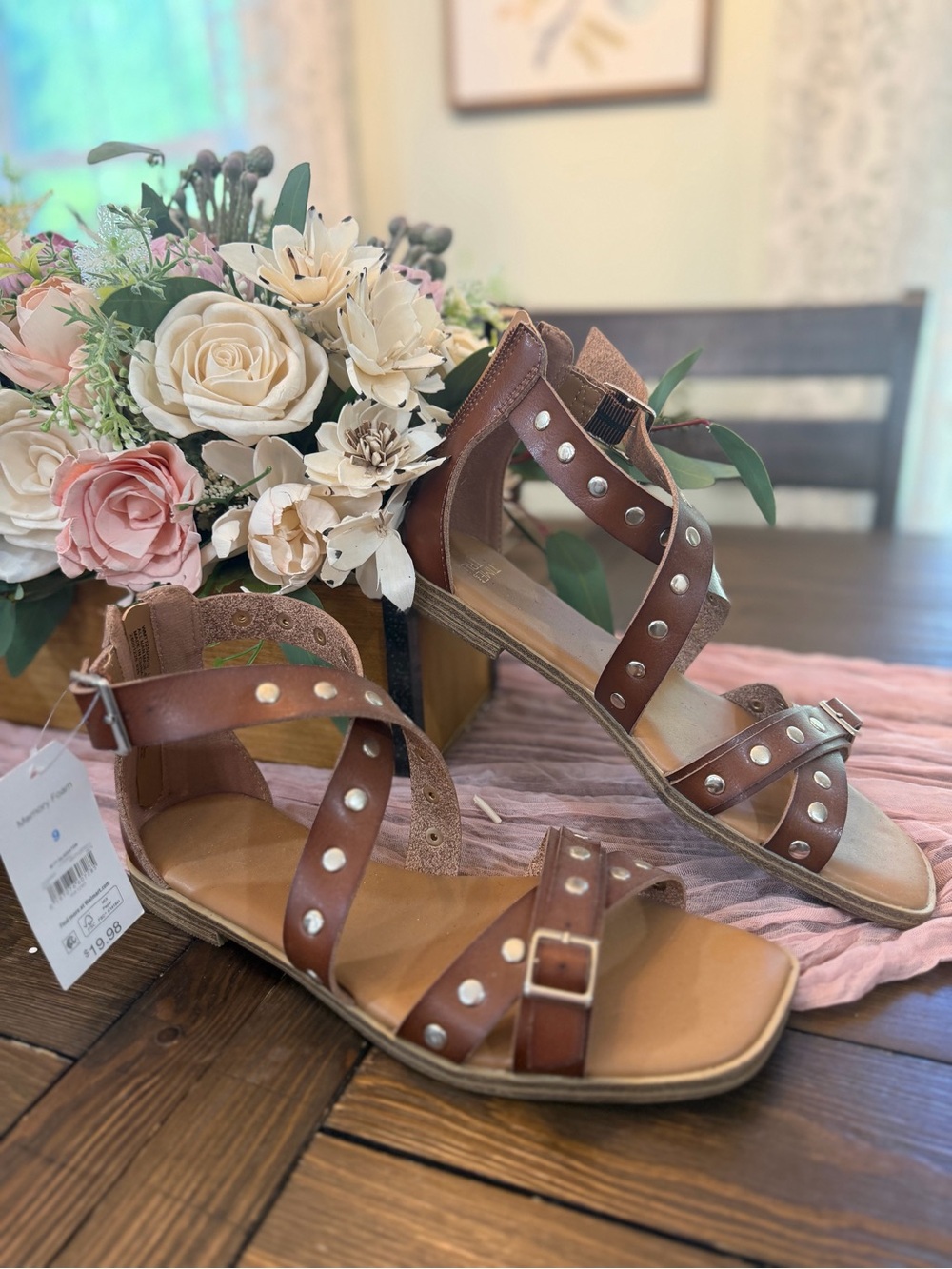New - Time and Tru Brown Studded Ankle-Strap Sandals 9